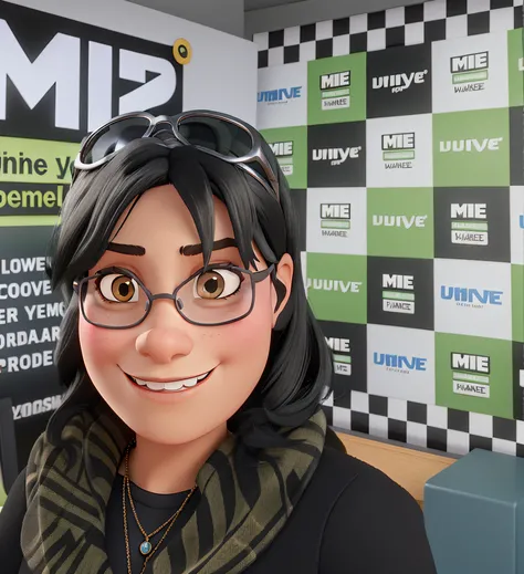 woman with black hair, wearing sunglasses as a tiara, disney pixar style, high quality, best quality