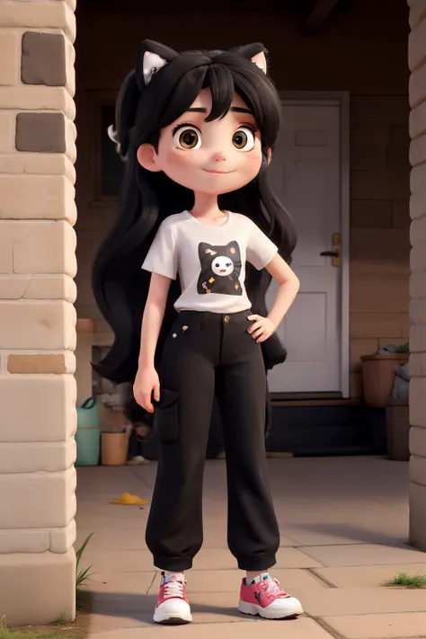 A 15-year-old girl with white skin with beautiful long black hair and black eyes with a Hello kitty T-shirt is a wide leg pants