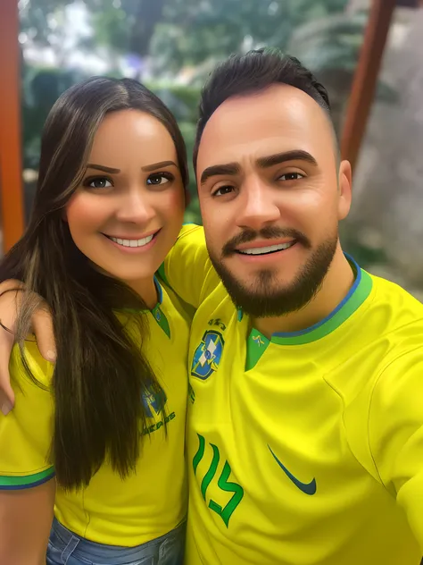 pixarstyle um retrato na altura da cintura de um casal com a camisa do Brasil.