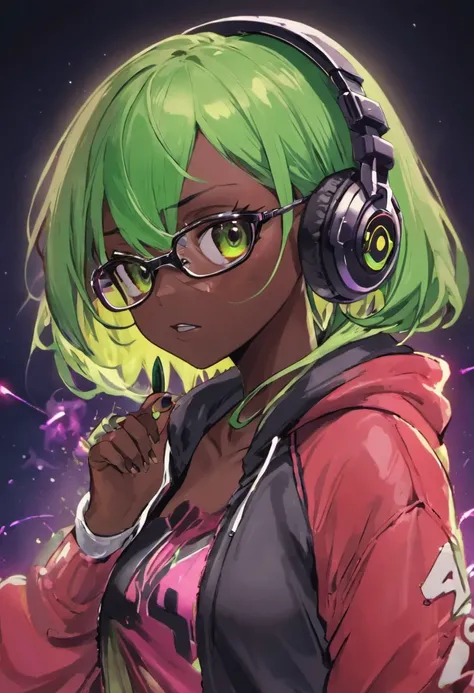 anime, deejaying dark skin girl, dj, dj sark skin girl, headphones, rave, (highest picture quality),masterpiece,best quality,extremely detailed CG wallpaper, ultra_detailed,(Cinematic Lighting:1.1), (cold face), green eyes, 1girl, solo, dark-green_hair, lo...