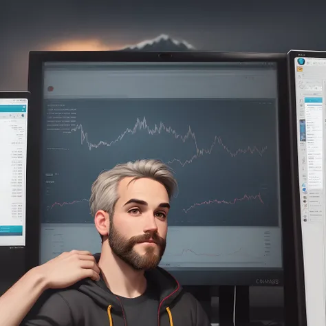 crie uma imagem estilo pixar de um homem com cabelos curtos, barba curta, em frente de um computador. On the screen there is an image of a graph of the financial market. He is in a place with a view of a mountain in the background