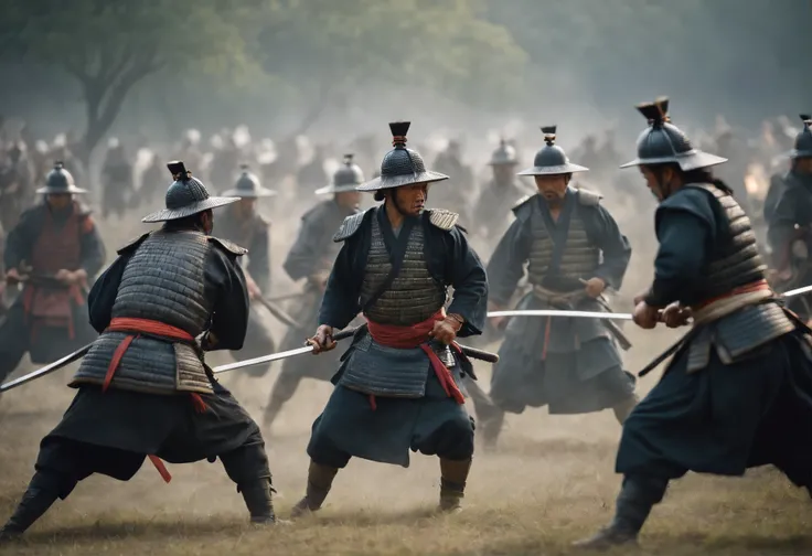 Numerous samurai are fighting on the battlefield