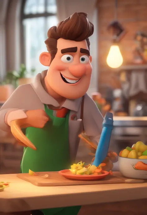 Personagem de desenho animado de um homem usando roupa de chef de cozinha branca com nome do instituto gourmet,Brunette man with tattoo on the arm of a Nordic compass on the right arm and with goatee and with hair cut with jackfruit cut, um personagem anim...