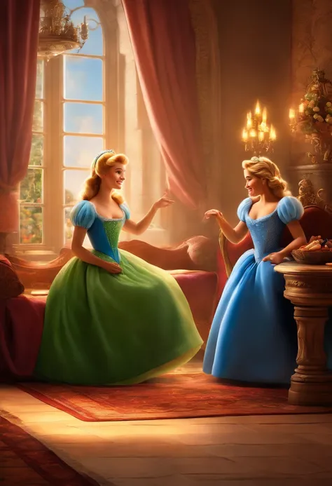 Crie uma cena da vida cotidiana de Cinderela, with her sweeping the floors and washing clothes.
Detalhe: Cinderellas hands calloused by hard work and her determined face.
It shows the half-sisters relaxing while Cinderella works, highlighting the differenc...