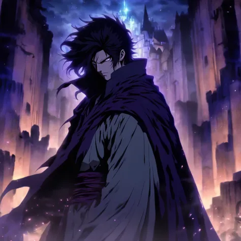 Tall man, appearance 17 years old, Short black hair, hair similar to Sosuke Aizen, black hair, His skin is white, He is wearing a black overcoat, He is wearing a black mask that only covers his mouth and nose, his gaze is serene, He is in the ruins of an a...