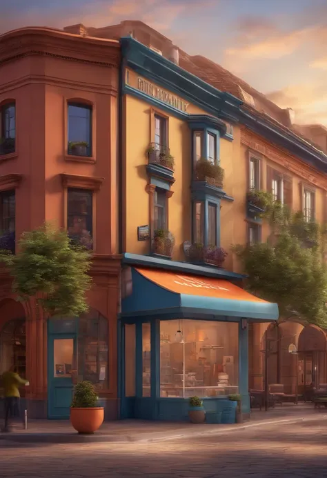 3d pixar style drawing of a slimming clinic in the city center with a character in the foreground