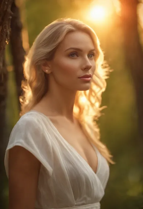 (best quality,4k,8k,highres,masterpiece:1.2), ultra-detailed, (realistic,photorealistic,photo-realistic:1.37), closeup portrait, sexy, [blonde hair], parted lips, [lips], casual dress, looking at viewer, [forest background], [sunset lights]