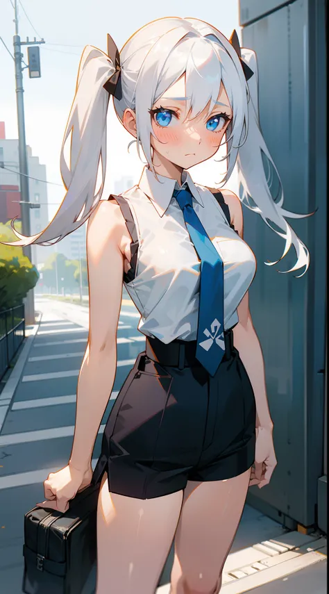 1girl, shy face,blush,mature female,medium breasts,white shirt,black shorts,blue tie,white hair,long twintails hair,blue eyes,sleeveless,standing in a street,cowboy shot