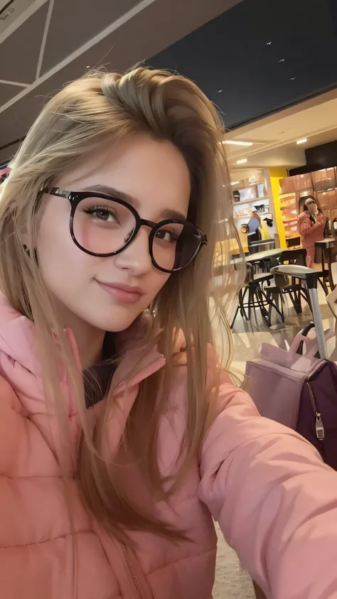 Woman in pink jacket and glasses taking a selfie, 19-year-old girl, Anna Nikonova aka Newmilky, Pokimane, menina jovem e bonito, 18 anos, With eye Glasses, Angelina Stroganova, Ekaterina, bonito ligeiramente nerd sorriso, 1 6 anos, girl with glasses, jovem...