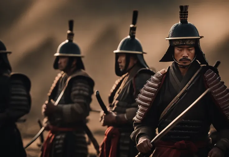 The samurai are lined up side by side, holding arquebuses