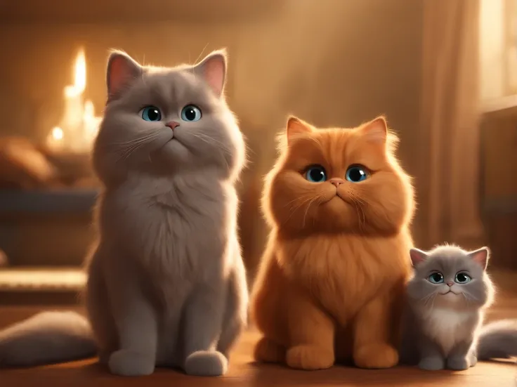 Pixar. criar um poster 3D estilo disney pixar, Titled Friends Forever, com uma menina japonesa com longos cabelos lisos vermelhos escuros, with three completely grey Persian cats, um gato persa completamente bege e um gato persa laranja estilo garfield.