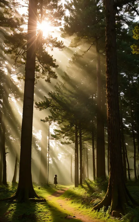 ((top-quality、​masterpiece、photographrealistic:1.4、in 8K))、A forest with a mysterious atmosphere, A forest lined with ancient trees, The morning sun passes through the trees,  no people,