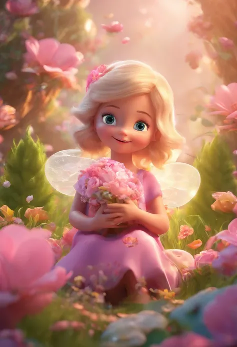 best quality, master part, fotorrealista, extremamente detalhado CG unidade 8k papel ,Disney Pixar Movie Poster, "Mother fairy holding her baby in her arms." Baby Fairy:Lovely, curious eyes and a radiant smile.Dress made of petals in pink and lavender. Gol...