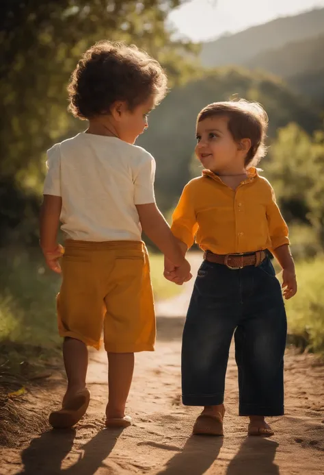 menino: Miguel, aproximadamente 5 anos de idade, cabelo curto estilo Disney, olhos castanhos e sorrisos. garota: Giovana, 2 anos, longos cabelos pretos e olhos azuis. scenecy: Miguel and Giovana are in a cozy little house in the valley, ao fundo um dia ens...