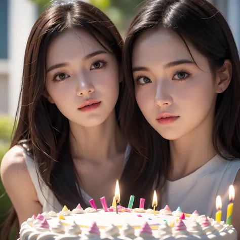 Two women stand next to a birthday cake filled with gems,anatomy correct，Delicate pattern，Clean colors, Soft lighting, ( Bokeh)，Masterpiece, Super detailed, Epic composition, Highest quality, 4K，a cake，It has candles and confetti on it, The birthday cake, ...