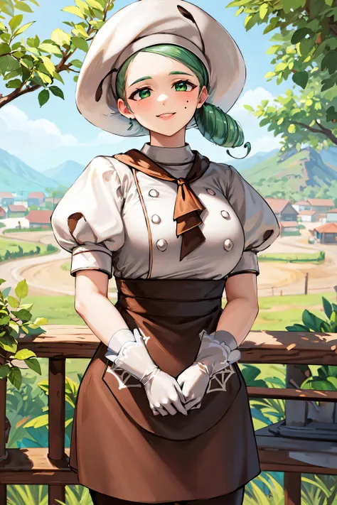 masterpiece, best quality, highres, hmkaty, spider web print, mole under eye, buttons, green eyes, brown apron, white gloves, short sleeves, brown skirt, puffy sleeves, ascot, side ponytail, white shirt, chef hat, smile, standing, cowboy shot,