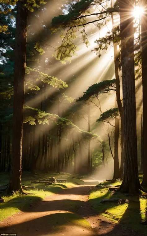 ((top-quality、​masterpiece、photographrealistic:1.4、in 8K))、A forest with a mysterious atmosphere, A forest lined with ancient trees, The morning sun passes through the trees,  no people,