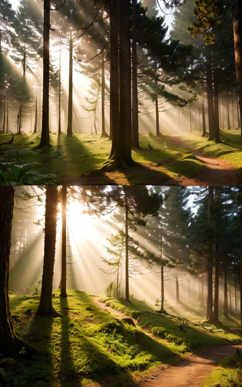 ((top-quality、​masterpiece、photographrealistic:1.4、in 8K))、A forest with a mysterious atmosphere, A forest lined with ancient trees, The morning sun passes through the trees,  no people,