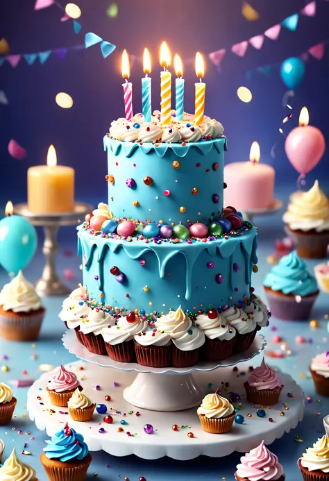 birthday cake filled with gems,anatomy correct，delicate pattern，clean colors,simplebackground, soft lighting, ( bokeh)，masterpie...