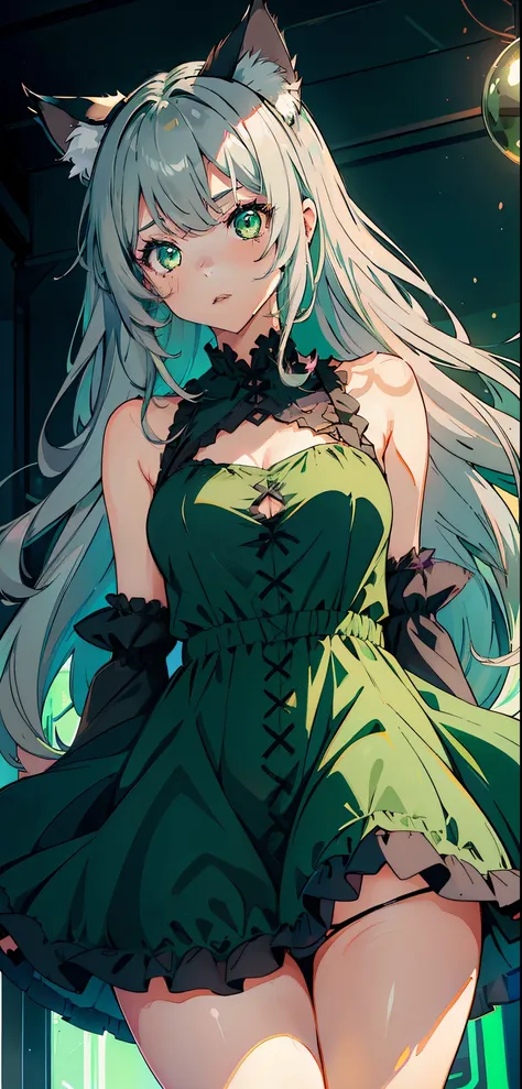 1girl, (female), (closeup), (cute: 1.2), (cat ears), (green eyes), (elongated eyes), (bright green color), (blue | gray hair), (thick eyelids) , (fluffy dress), (dark green dress), (thick legs), (thick thigh),