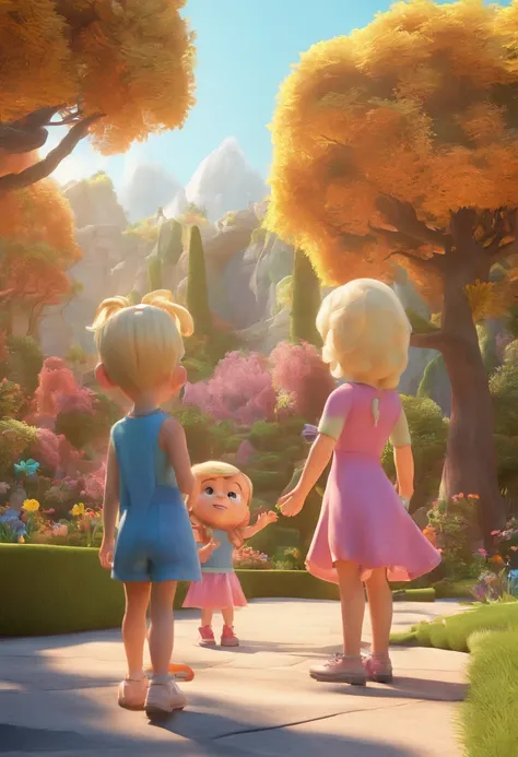 Estilo pixar: A blonde mom, segurando seus filhos no colo, um menino e uma menina. Paisagem com arvores e flores