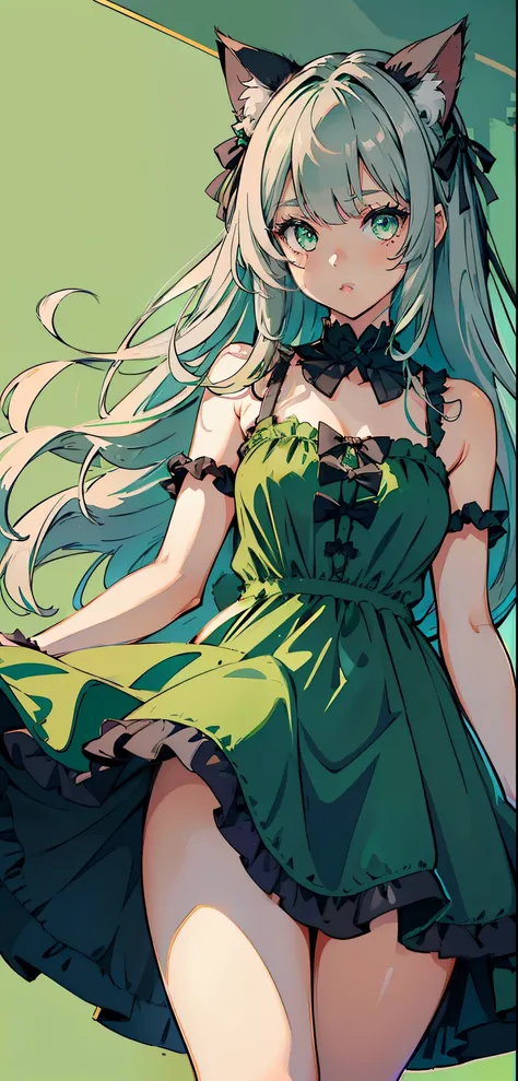 1girl, (female), (closeup), (cute: 1.2), (cat ears), (green eyes), (elongated eyes), (bright green color), (blue | gray hair), (thick eyelids) , (fluffy dress), (dark green dress), (thick legs), (thick thigh),