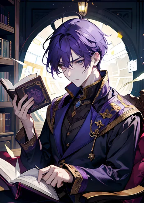 1male, purple hair, adult, angry, Yellow colored eyes, handsome and beautiful face, a scholar, prince, calm, in library and reading a book, a noble during the medieval times, wearing dark colors, cold and distant demeanor, fantasy setting