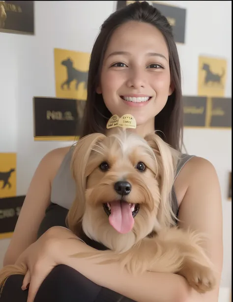 A young girl holding her Yorkshire Terrier, with dogs, ela tem cerca de 25 anos de idade, happily smiling at the camera, she is smiling and excited