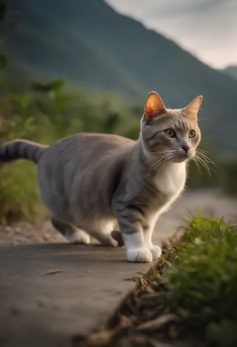 cat, English shorthair, Adult cats, The eyes are blue, The hair is clear, k hd, Hyper-real, Bite a fish in the middle of running, Theres a kitchen in the back(k hd, Hyper-real) Chase with a stick, In the background, it is on the Ya Road in Hong Kong