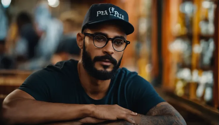 Man with short beard with prescription glasses and cap, cor de pele branca olhos pretos