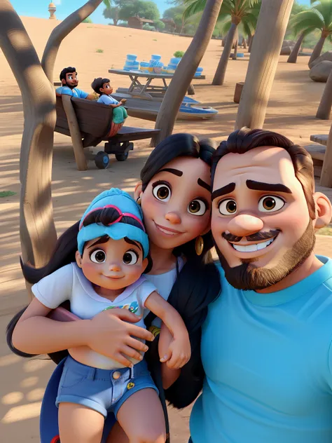 Mulher brasileira morena,  homem com barba e bebe de 7 meses,  estilo Disney pixar ,alta qualidade,melhor qualidade