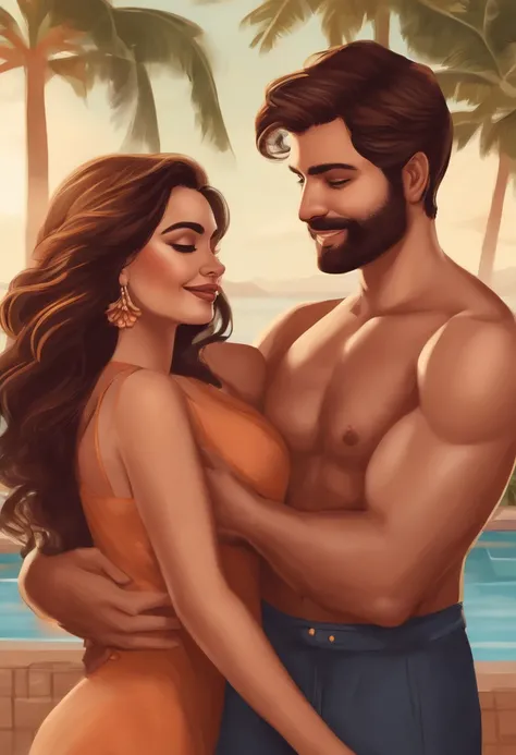 An illustration of an adorable man and woman couple, Destaque para um homem pardo gordinho com barba e cavanhaque, pouco cabelo mas com um  topete de lado e sorridente e uma mulher morena com lindos olhos pretos expressibos liso com pontas enroladas, big b...