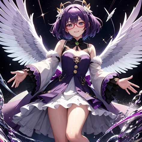 Herren、eye glasses、The upper part of the body、Angel wings、Her eyes glow purple、超A high resolution, Best aesthetic, Top quality depiction of the foot, Put on a jacket, Green and red hair on the back, Flat Avatar, Anime visuals of cute girls, Cute art style,...