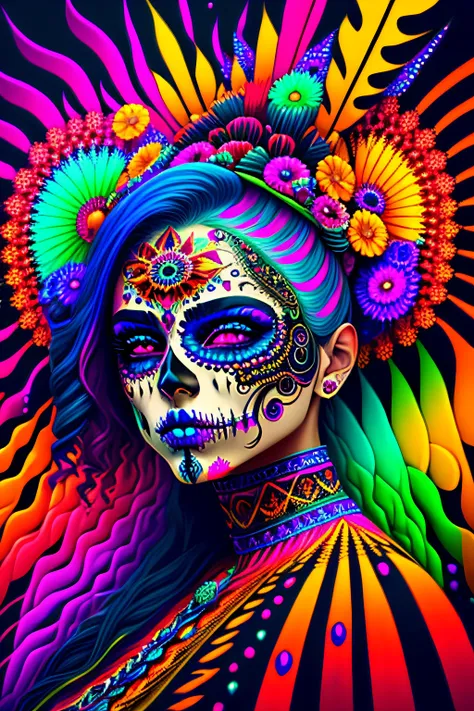 in a psychedelic style a representation of the Day of the Dead on a multiple female face, magnificent and detailed. Lots of texture and an whirlwind explosion of multiple colored flashy  powder in the background