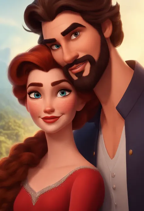 Casal homem com barba e cabelo curto e mulher com cabelo castanho e com batom vermelho no estilo Disney Pixar, alta qualidade, melhor qualidade