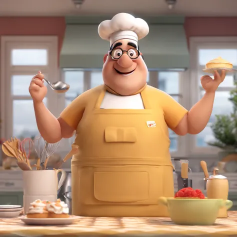 Crie uma cena de desenho animado  estilo 3d -Pixar, Onde uma mulher, de cabelos lisos castanhos com 45 anos de idade, Wearing glasses and baking whipped cream cake. Shes cooking dressed as a pastry chef.