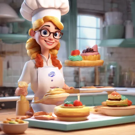 Crie uma cena de desenho animado  estilo 3d -Pixar, Onde uma mulher, de cabelos lisos castanhos com 45 anos de idade, Wearing glasses and baking whipped cream cake. Shes cooking dressed as a pastry chef.