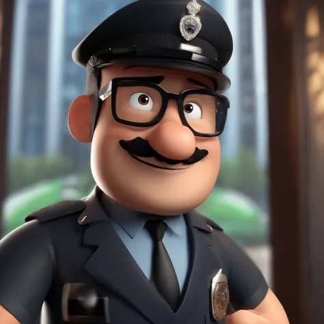 Pixer cartoon character of a man with black glasses and policeman dress, animation character, Caractere estilizado, animation style rendering, 3D estilizado,  personagem de desenho animado, Personagem de close up, Pose de personagem, (Estilo Pixar) (master...