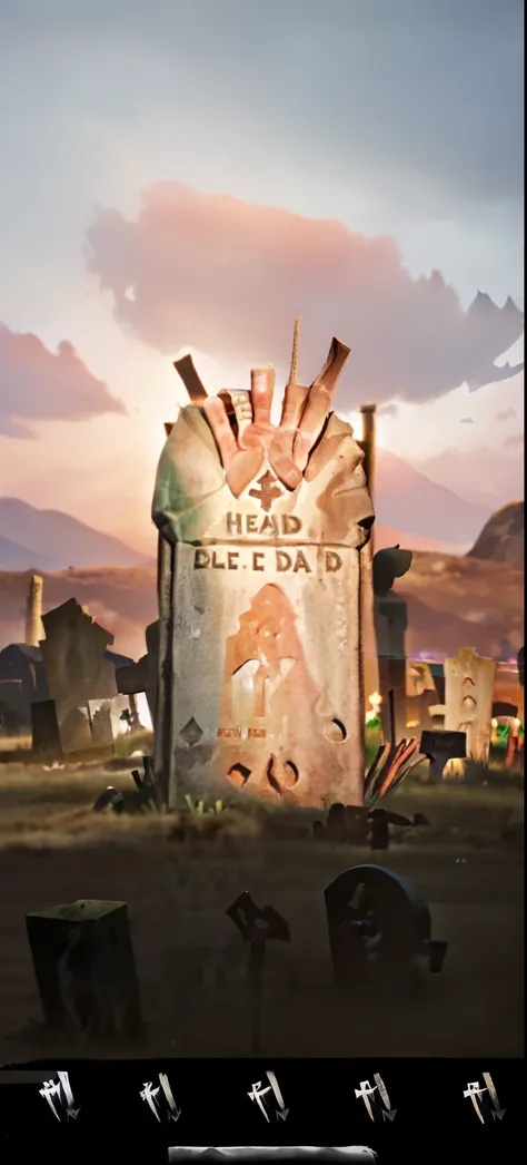 Someone stands with their hand raised in front of a tombstone as if back from the dead