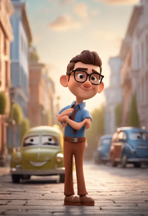 Cartoon character of a man with black glasses and a blue shirt, animation character, Caractere estilizado, animation style rendering, 3D estilizado, Arnold Maya render, 3 d render stylized, toon render keyshot, Personagem 3D, Personagem 3D, 3d rendering st...