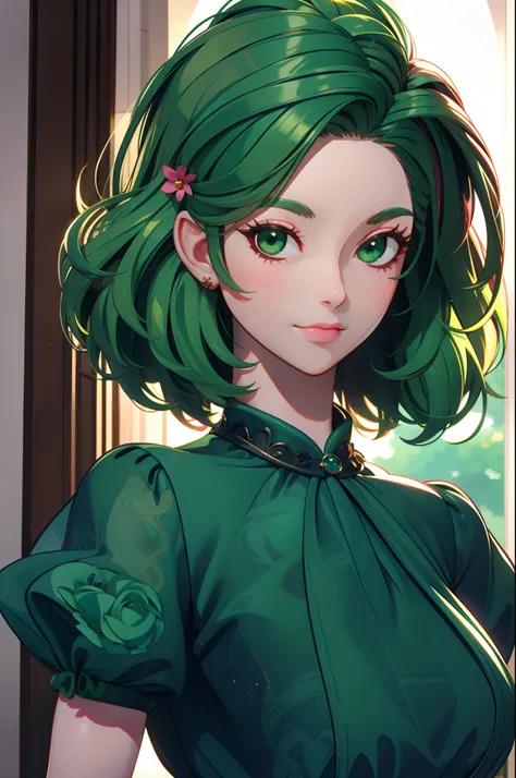 3dmm style, (masterpiece, best quality), intricate details, 1girl, solo, green hair, flower hair clip, green dress, looking at v...