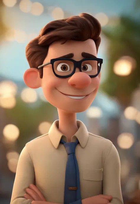 criar  no estilo pixar, um homem alto e magro, pele parda, cabelos crespos, com uma camisa azul e uma.lmulher  branca sorrindo, Straight hair and glasses on head Cartoon character of a man with black glasses and a blue shirt, animation character, Caractere...