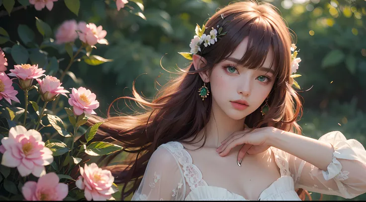 "(best quality, 4k, 8k, highres, masterpiece:1.2), ultra-detailed, realistic, watercolor:1.2, elf princess, beautiful detailed green eyes, long flowing red hair, delicate, lovely flower earrings, graceful bangs, hair falling between eyes, vibrant flower in...