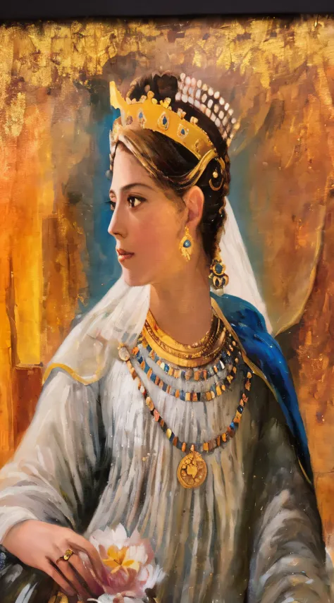 painting of a woman in a white dress with a gold crown, ancient libu princess, portrait of megara, portrait painting of a princess, portrait of helen of troy, historical artistic depiction, persian queen, oil painting of princess vulvine, cleopatra portrai...