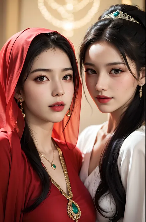 Two very beautiful Saudi girls,leering:1.4, Hair_decorations, jewelry,full bodyesbian,Best quality, Masterpiece, 超高分辨率, (Photorealistic:1.4)In the dark, deepshadow, low tune,Upper body