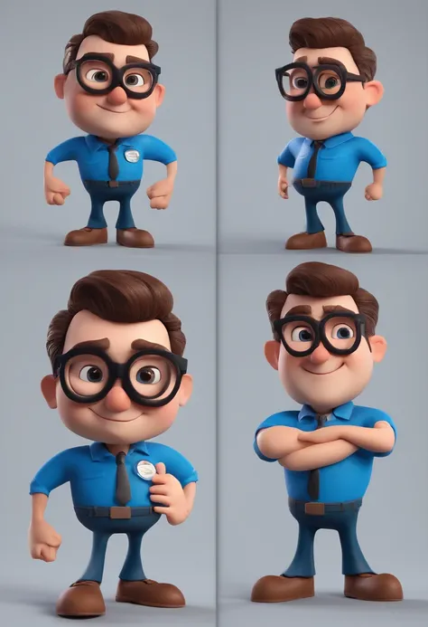 Cartoon character of a man with black glasses and a blue shirt, animation character, Caractere estilizado, animation style rendering, 3D estilizado, Arnold Maya render, 3 d render stylized, toon render keyshot, Personagem 3D, Personagem 3D, 3d rendering st...