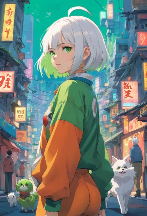 1girl, (masterpiece), white hair, short hair, green eyes, Clown outfit, cyberpunk city,