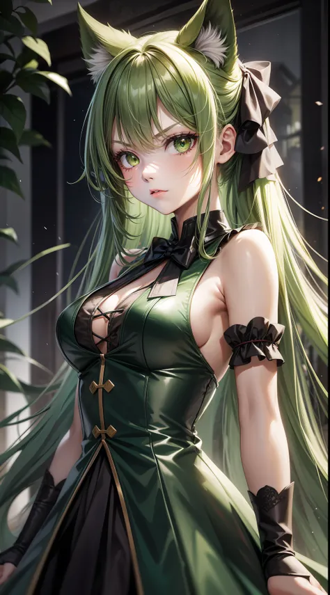 Young girl, long green hair, green eyes, cat ears, sleeveless combat dress, bow, serious look, masterpiece, high quality