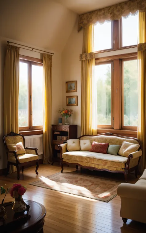 ((top-quality、​masterpiece、photographrealistic:1.4、in 8K))、nostalgic living room,  morning light shines through the window with swinging lace curtains. no people, sofa, furniture, bright sunshine,