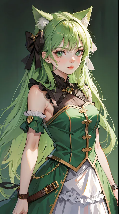 Young girl, long green hair, green eyes, cat ears, sleeveless combat dress, bow, serious look, masterpiece, high quality